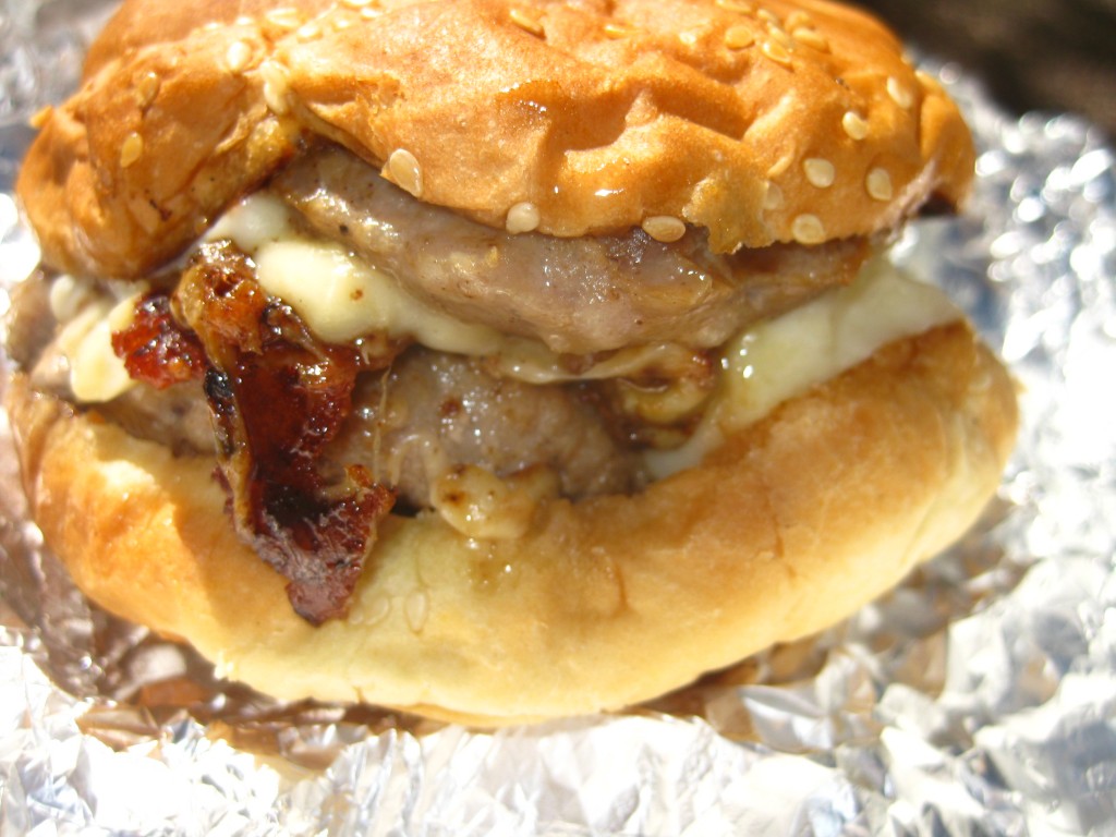 The Original Alley Burger - a garlic pork sausage patty with cheese curds and piri piri aioli. This picture doesn't do it justice.