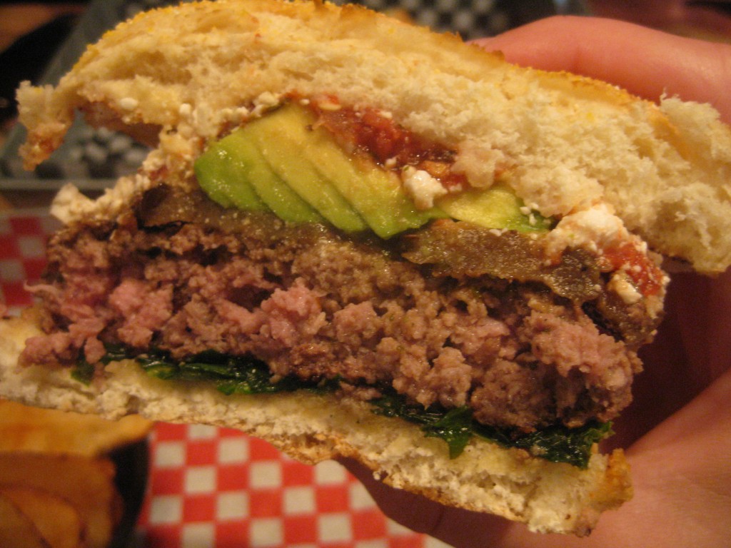 Grills Gone Wild at The Works in London, ON. Grilled eggplant, avocado, salsa and feta cheese. Nice pink centre.